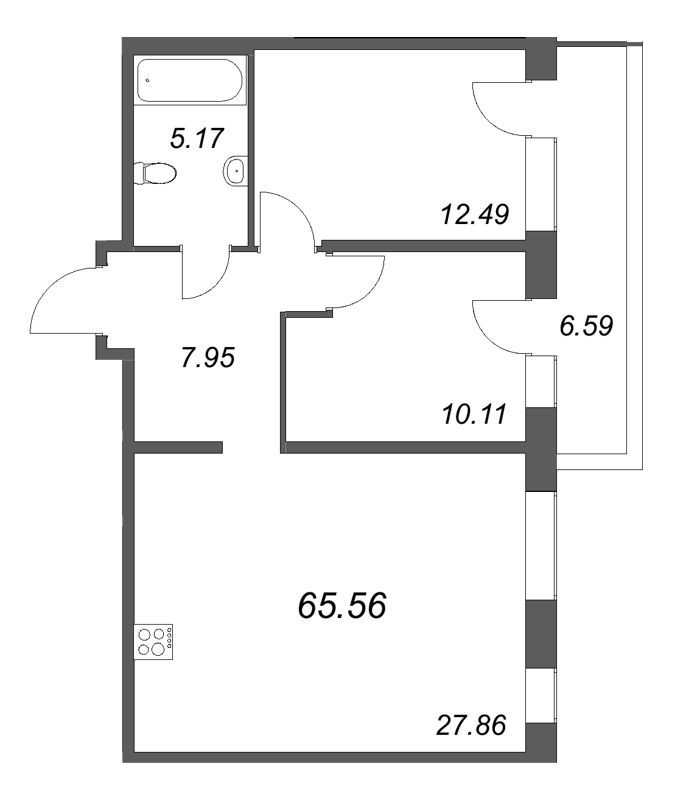 3-комнатная (Евро) квартира, 65.56 м² в ЖК "Avant" - планировка, фото №1