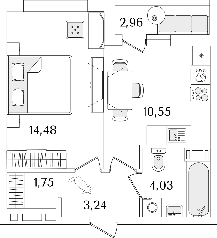 1-комнатная квартира, 35.53 м² - планировка, фото №1