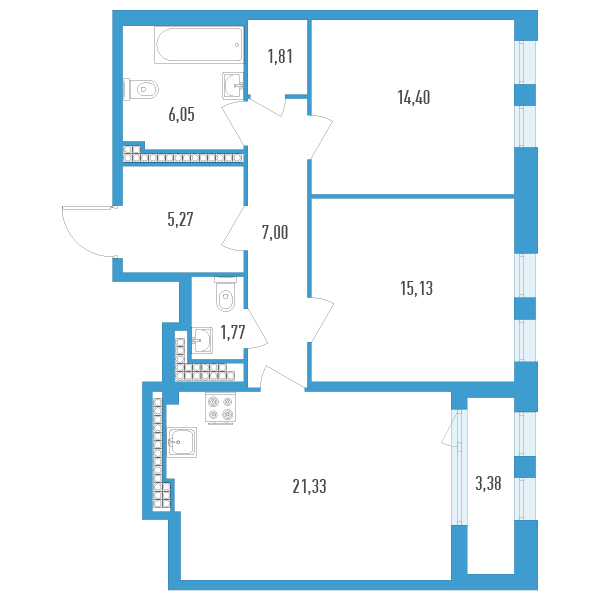2-комнатная квартира, 74.45 м² - планировка, фото №1