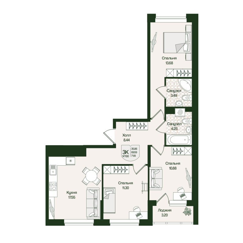 4-комнатная (Евро) квартира, 71.19 м² в ЖК "Охтинские высоты" - планировка, фото №1