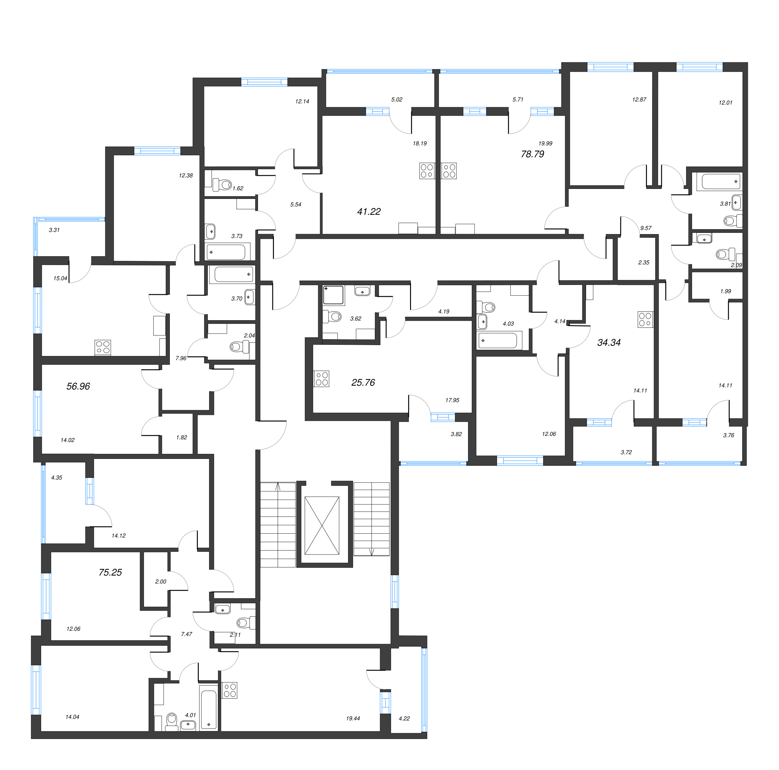 4-комнатная (Евро) квартира, 75.25 м² - планировка этажа