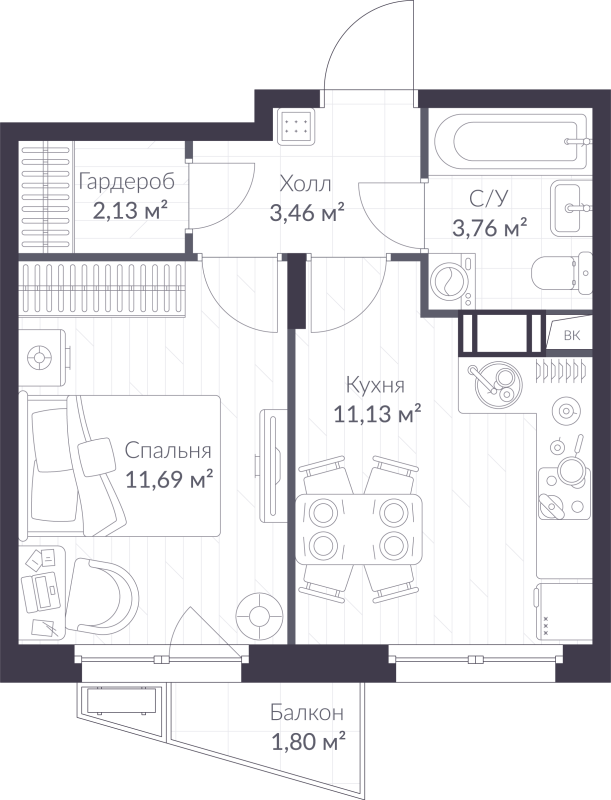 1-комнатная квартира, 32.71 м² в ЖК "ВЕРЕН НОРТ сертолово" - планировка, фото №1