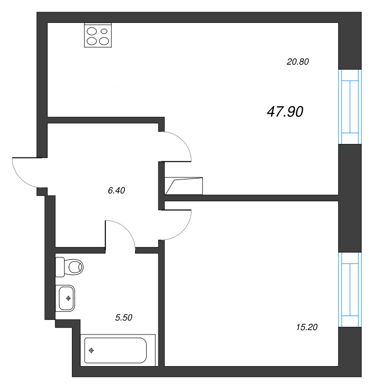 2-комнатная (Евро) квартира, 47.9 м² в ЖК "Neva Haus" - планировка, фото №1