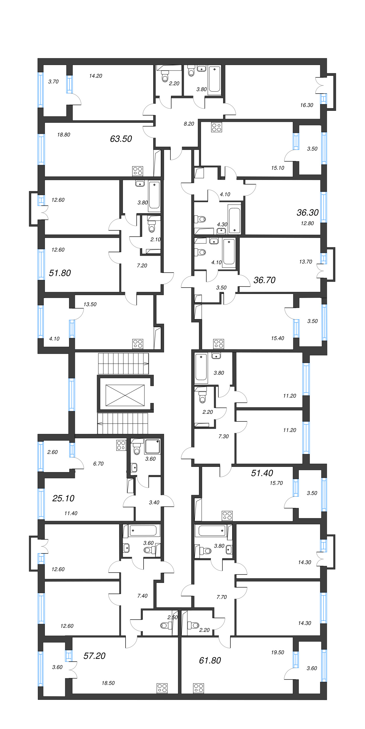 3-комнатная (Евро) квартира, 51.4 м² в ЖК "Дубровский" - планировка этажа