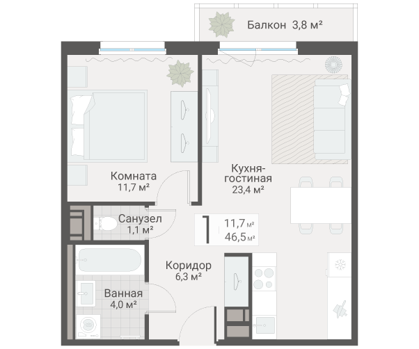 2-комнатная (Евро) квартира, 46.5 м² в ЖК "Руднева 15" - планировка, фото №1