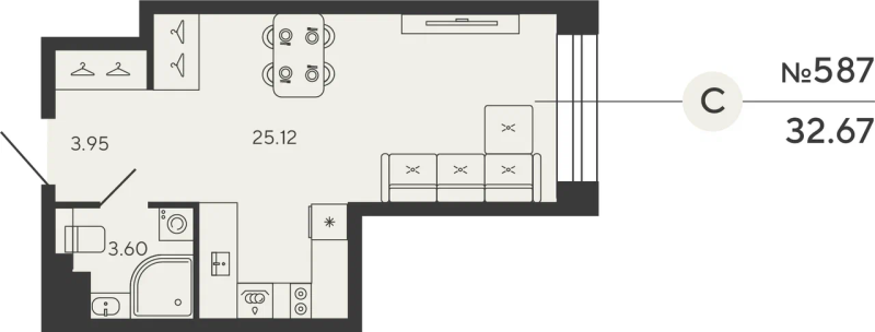 Квартира-студия, 32.67 м² в ЖК "Башни Элемент" - планировка, фото №1