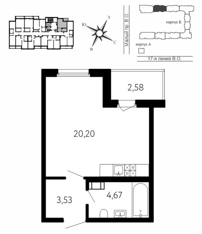 Квартира-студия, 29.69 м² в ЖК "17-я линия" - планировка, фото №1