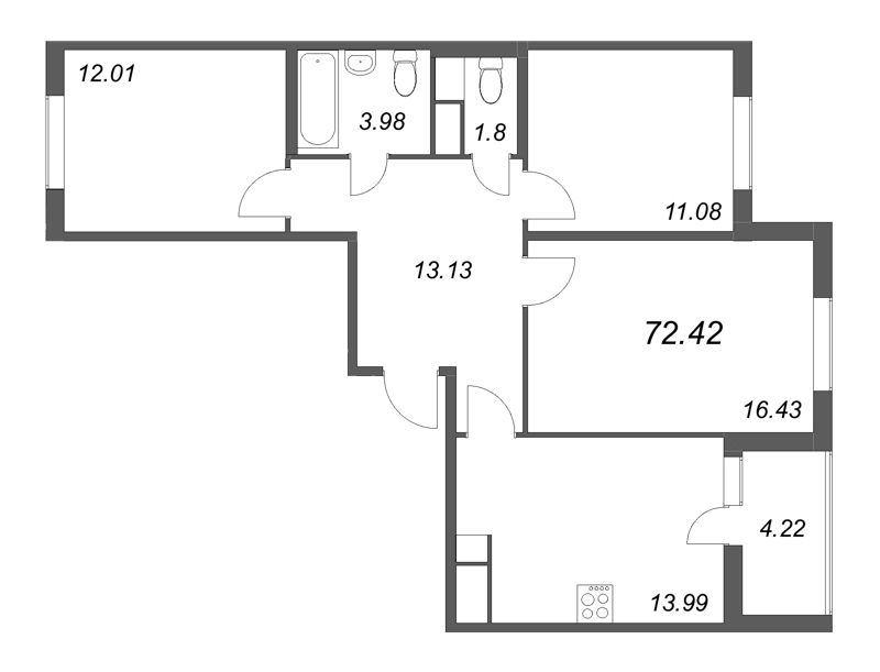 3-комнатная квартира, 72.42 м² - планировка, фото №1