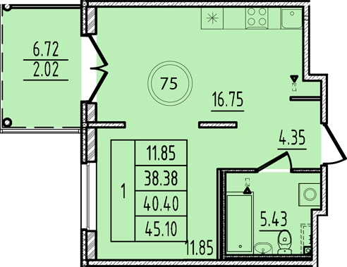 2-комнатная (Евро) квартира, 38.38 м² в ЖК "Образцовый квартал 14" - планировка, фото №1