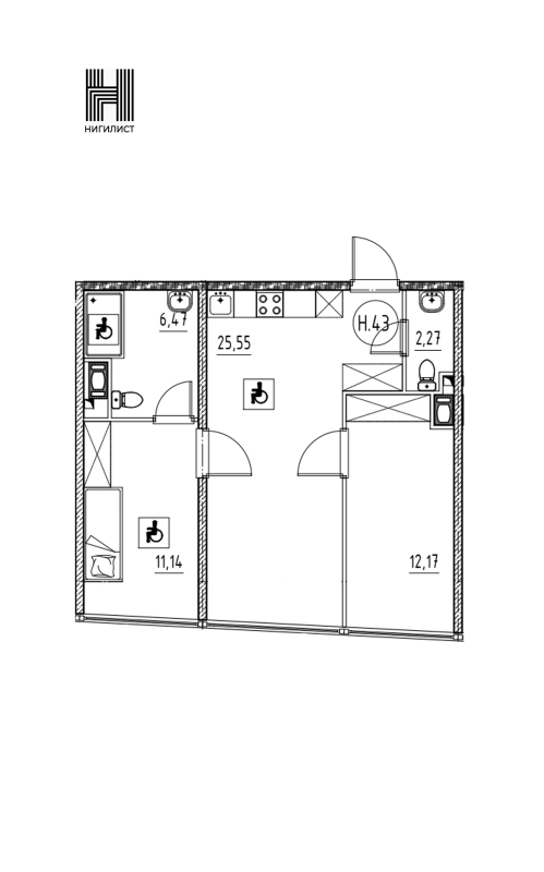3-комнатная (Евро) квартира, 57.6 м² в ЖК "Nigilist" - планировка, фото №1