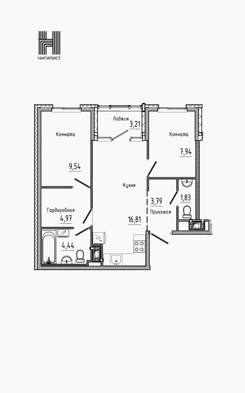 3-комнатная (Евро) квартира, 50.62 м² - планировка, фото №1
