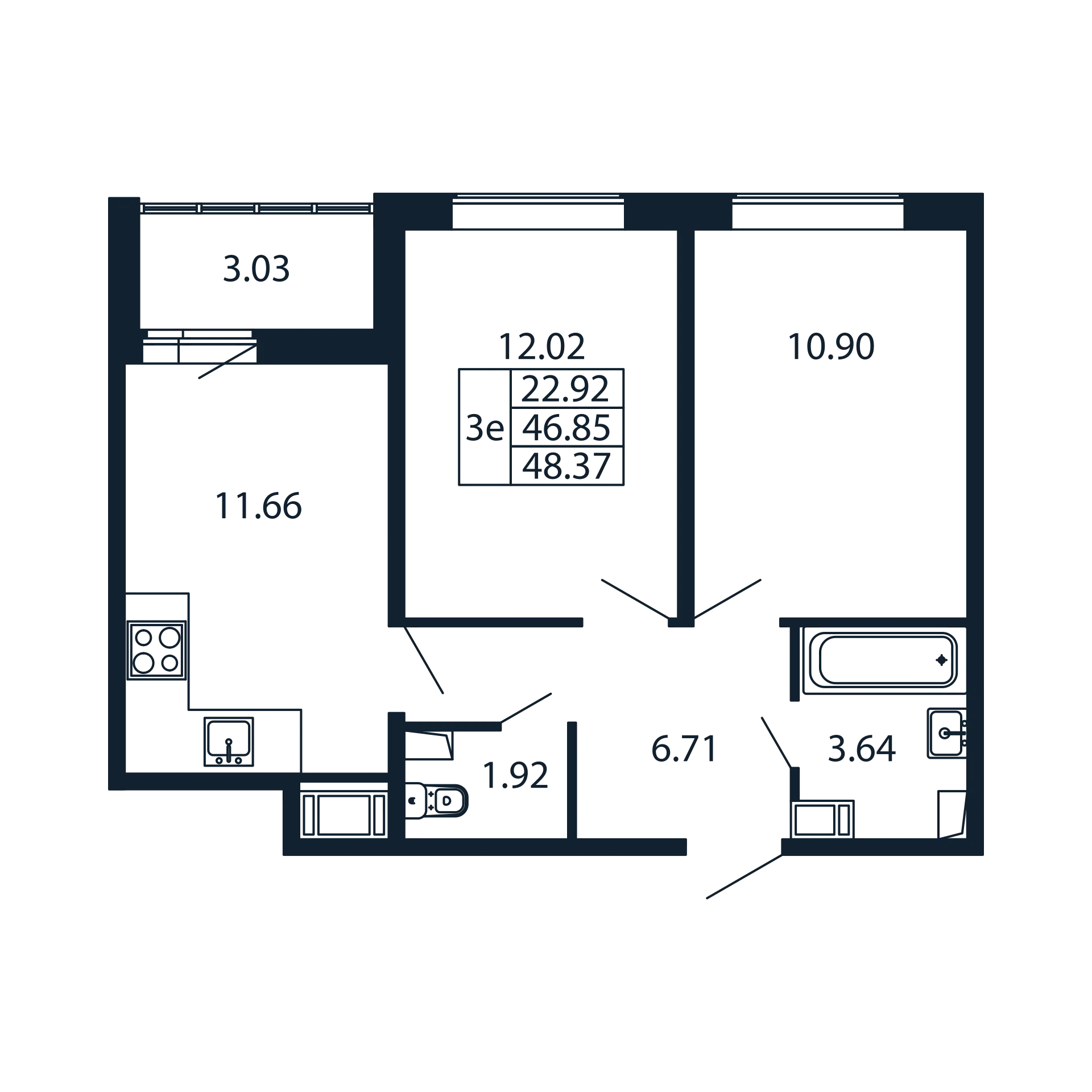 2-комнатная квартира, 46.85 м² - планировка, фото №1