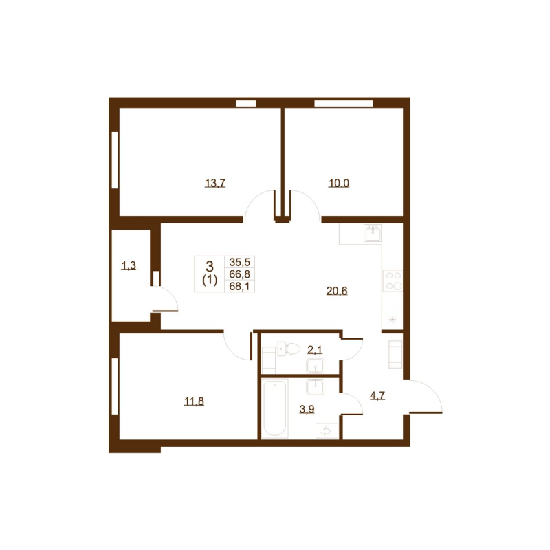 4-комнатная (Евро) квартира, 68.1 м² - планировка, фото №1