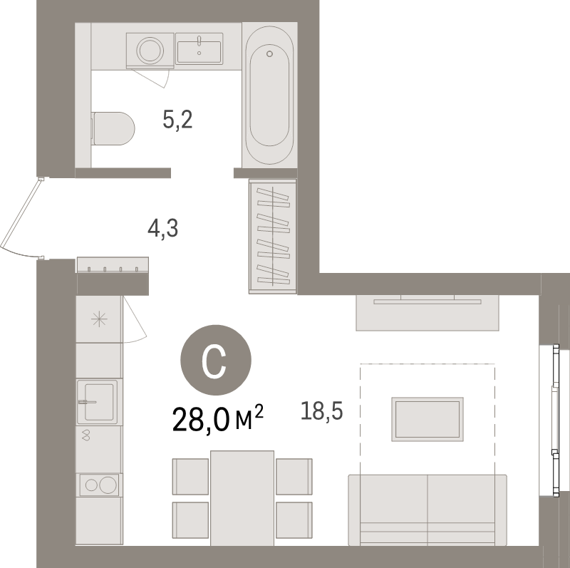 Квартира-студия, 28 м² в ЖК "Брусника в Новоселье" - планировка, фото №1