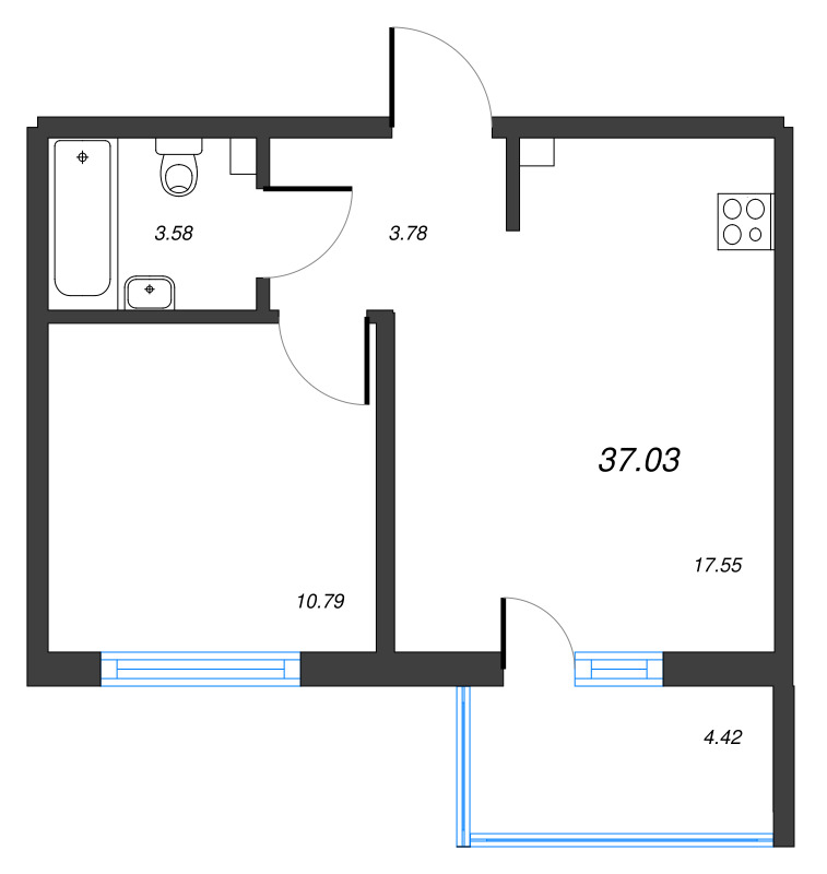 2-комнатная (Евро) квартира, 37.03 м² в ЖК "ЛесArt" - планировка, фото №1