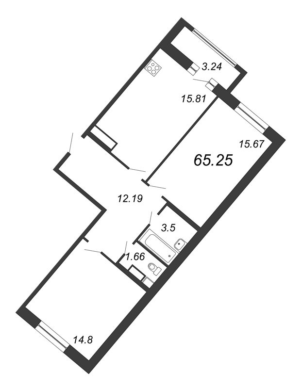 3-комнатная (Евро) квартира, 65.25 м² - планировка, фото №1