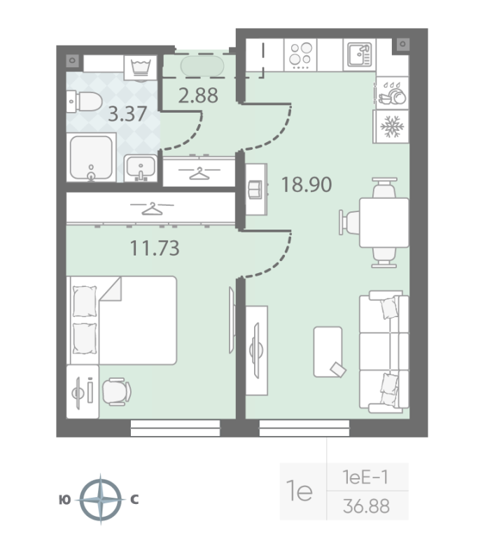 2-комнатная (Евро) квартира, 36.8 м² в ЖК "Морская миля" - планировка, фото №1