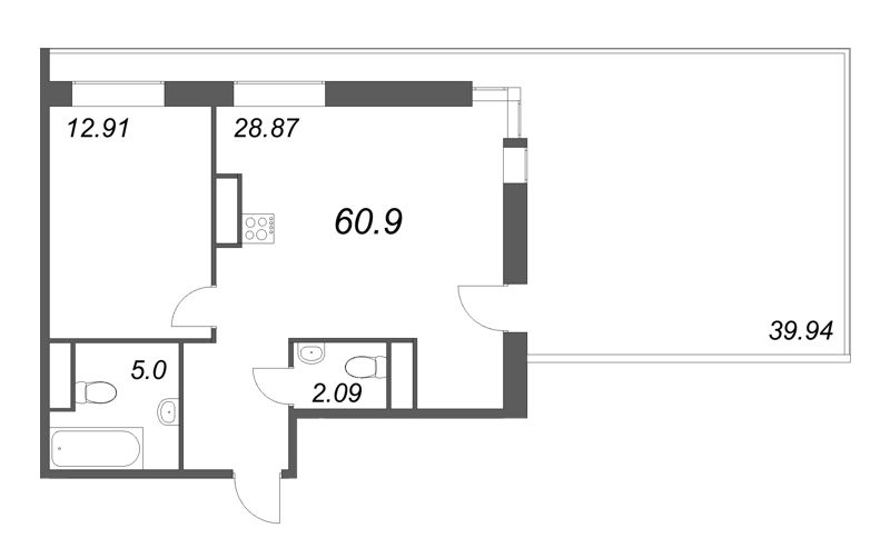 2-комнатная (Евро) квартира, 60.9 м² - планировка, фото №1