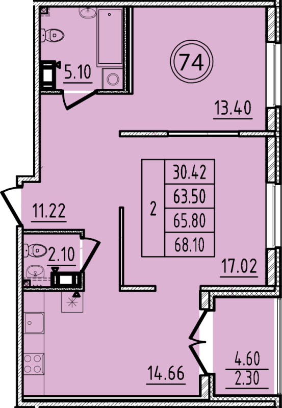 2-комнатная квартира, 63.5 м² - планировка, фото №1