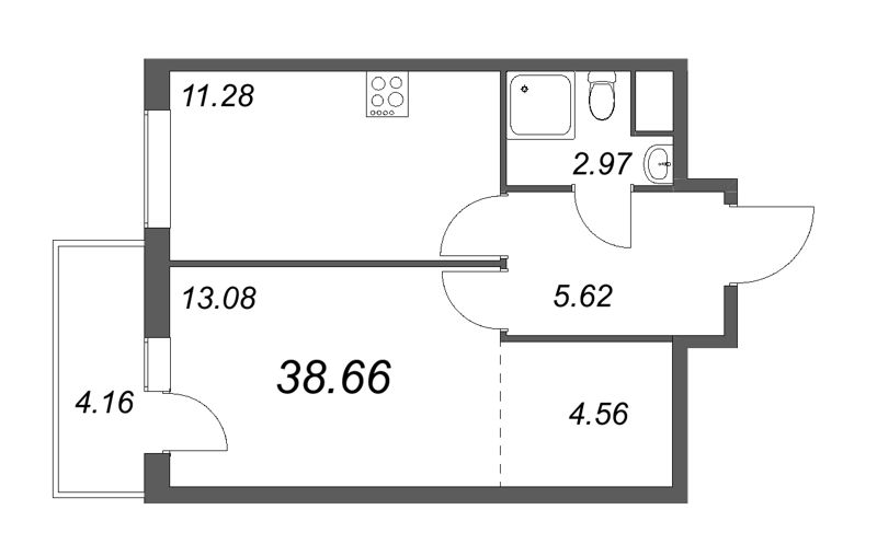1-комнатная квартира, 38.8 м² в ЖК "Новоорловский" - планировка, фото №1