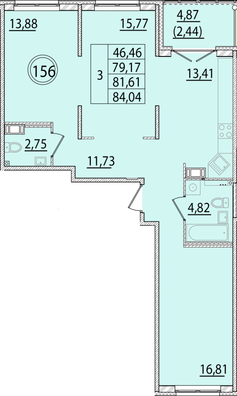 3-комнатная квартира, 79.17 м² - планировка, фото №1