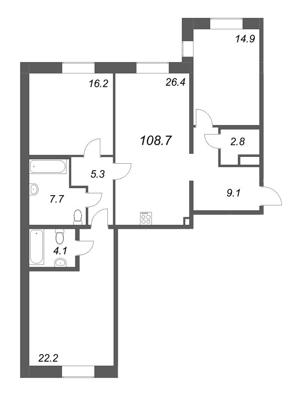 3-комнатная квартира, 108.7 м² - планировка, фото №1