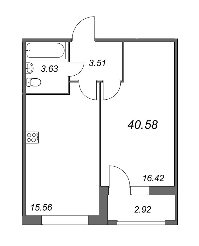 2-комнатная (Евро) квартира, 40 м² - планировка, фото №1