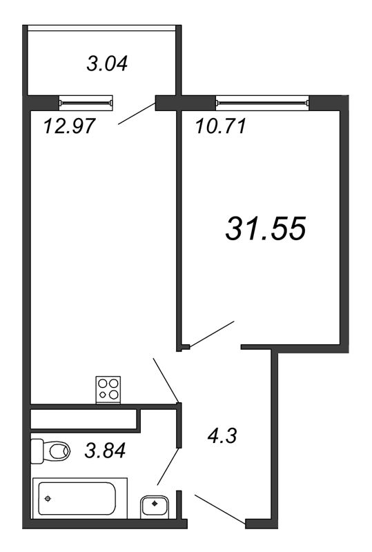 1-комнатная квартира, 32.73 м² - планировка, фото №1