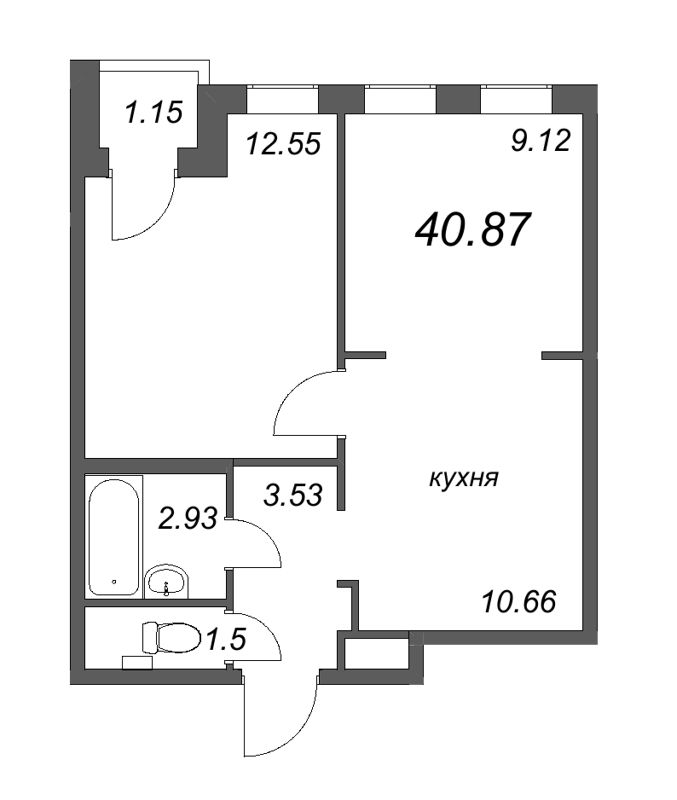 2-комнатная (Евро) квартира, 40.87 м² - планировка, фото №1