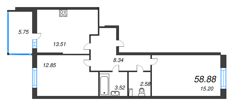 2-комнатная квартира, 58.88 м² - планировка, фото №1