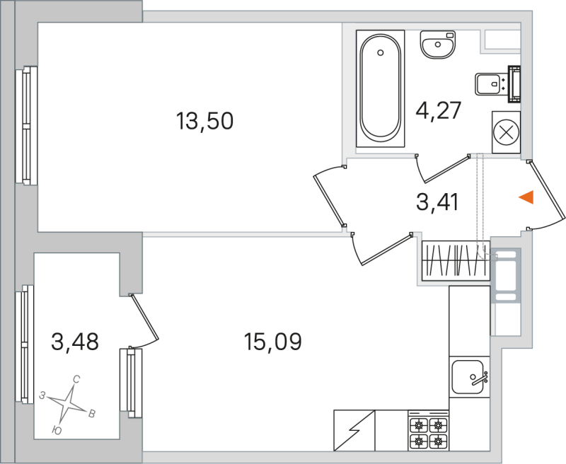 2-комнатная (Евро) квартира, 36.27 м² в ЖК "Дубровский" - планировка, фото №1