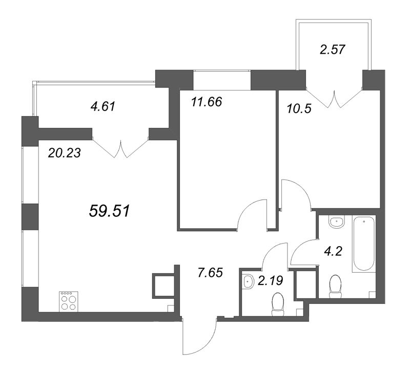 3-комнатная (Евро) квартира, 59.51 м² в ЖК "Ranta Residence" - планировка, фото №1