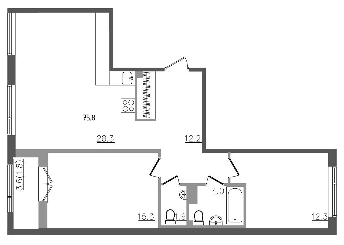 3-комнатная (Евро) квартира, 75.8 м² в ЖК "Upoint" - планировка, фото №1