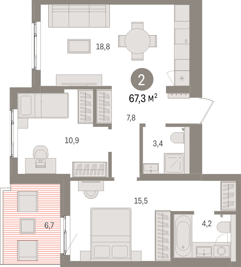 3-комнатная (Евро) квартира, 67.3 м² в ЖК "Брусника в Новоселье" - планировка, фото №1