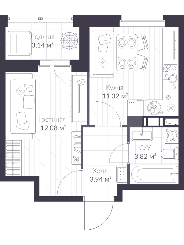 1-комнатная квартира, 32.9 м² - планировка, фото №1