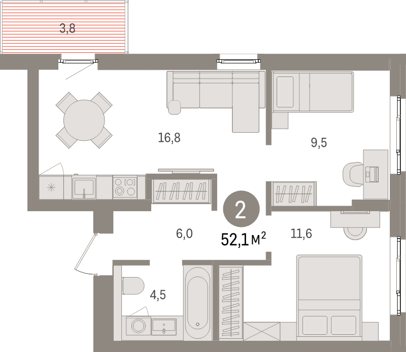 3-комнатная (Евро) квартира, 52.1 м² в ЖК "Брусника в Новоселье" - планировка, фото №1