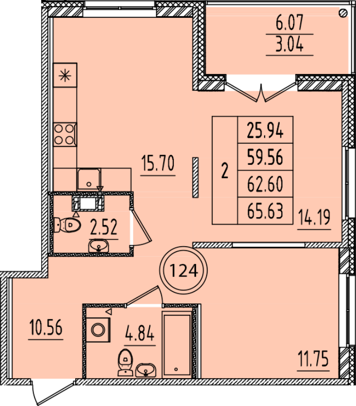3-комнатная (Евро) квартира, 59.56 м² - планировка, фото №1