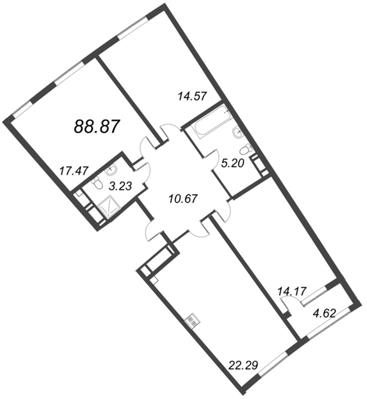 3-комнатная (Евро) квартира, 88.87 м² - планировка, фото №1