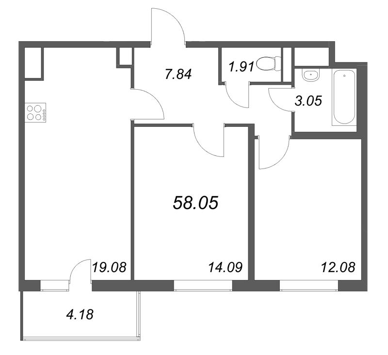 3-комнатная (Евро) квартира, 58.05 м² - планировка, фото №1