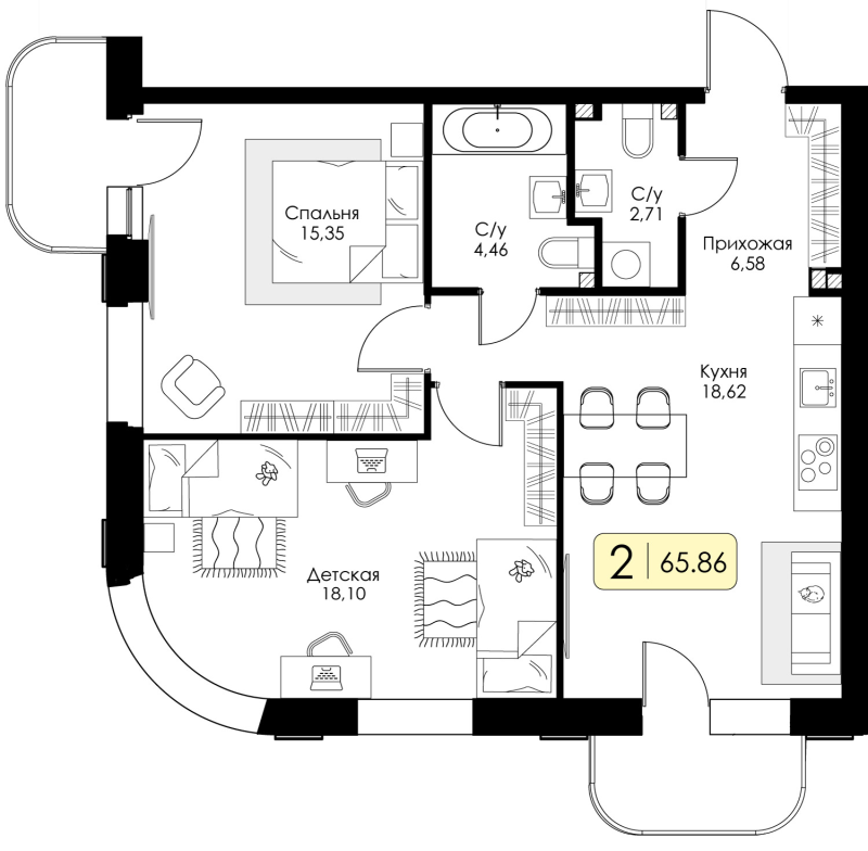 3-комнатная (Евро) квартира, 65.86 м² в ЖК "Всевгород" - планировка, фото №1