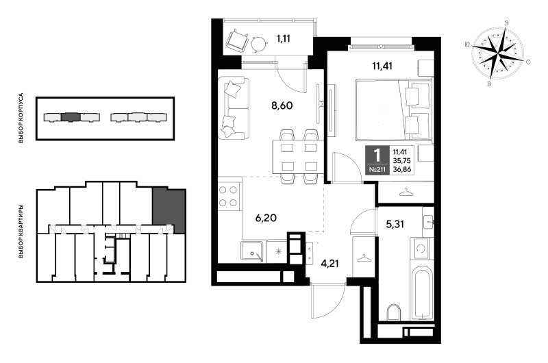 1-комнатная квартира, 36.86 м² в ЖК "Догма Юкки" - планировка, фото №1
