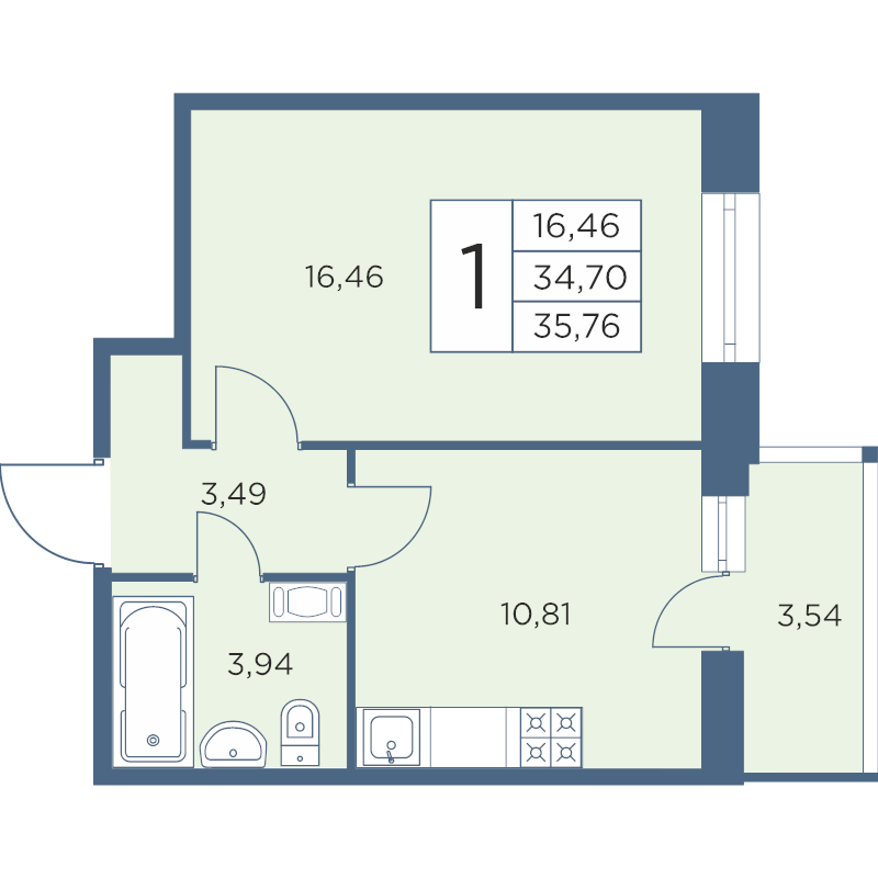 1-комнатная квартира, 35.76 м² - планировка, фото №1