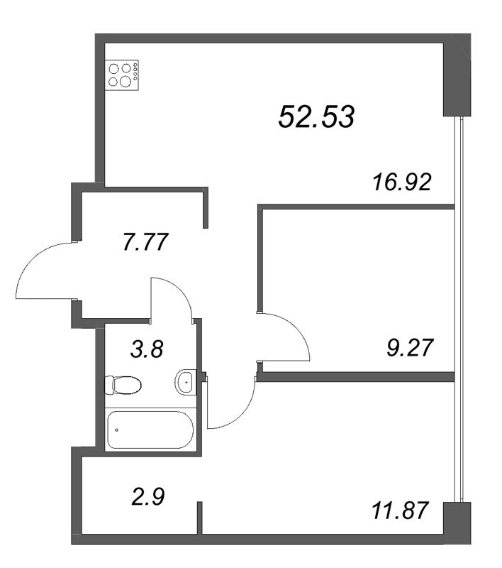 3-комнатная (Евро) квартира, 52.53 м² в ЖК "Avant" - планировка, фото №1