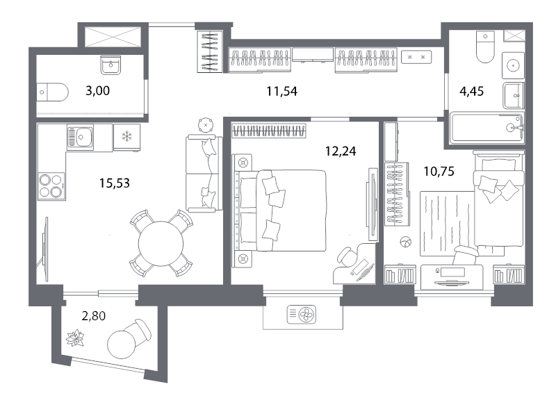 3-комнатная (Евро) квартира, 65.5 м² в ЖК "Респект" - планировка, фото №1