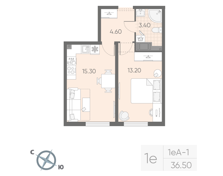 2-комнатная (Евро) квартира, 36.5 м² в ЖК "Октябрьская набережная" - планировка, фото №1
