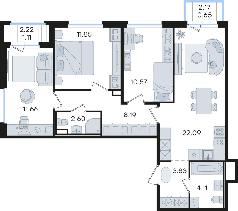 4-комнатная (Евро) квартира, 76.66 м² в ЖК "Романовка" - планировка, фото №1