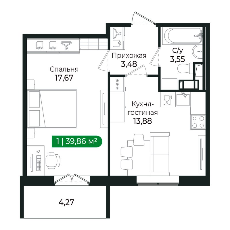 1-комнатная квартира, 38.3 м² в ЖК "Сертолово Парк" - планировка, фото №1