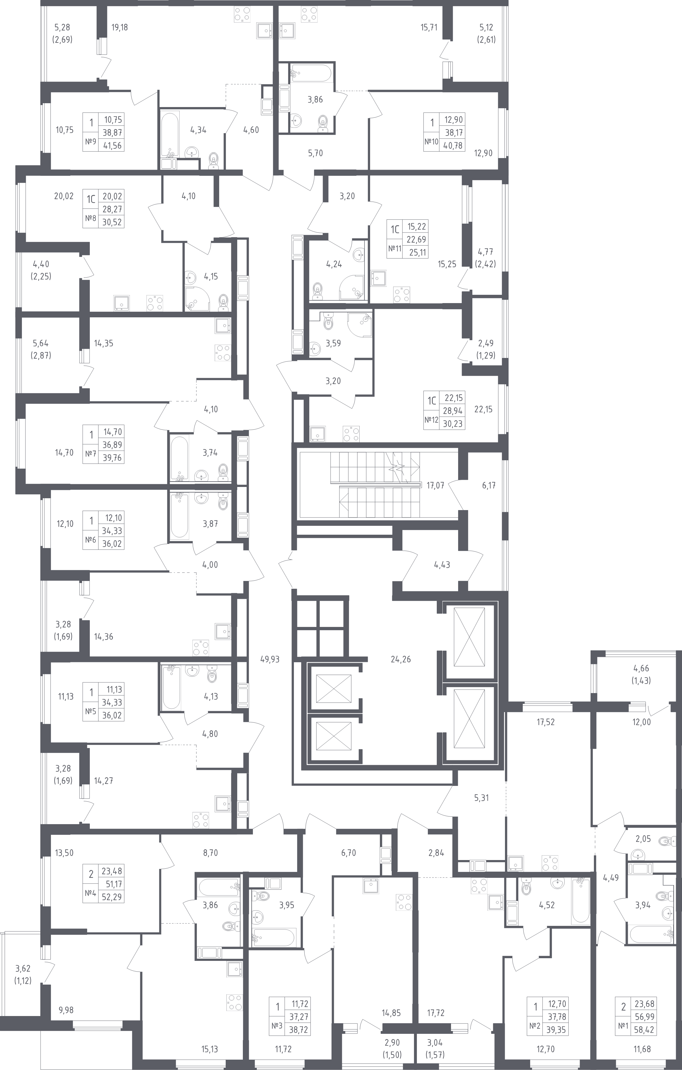 3-комнатная (Евро) квартира, 58.42 м² в ЖК "Южная Нева" - планировка этажа