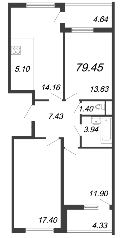 4-комнатная (Евро) квартира, 78.8 м² - планировка, фото №1