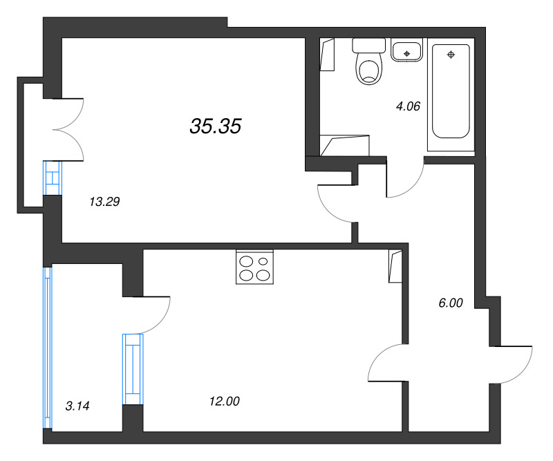 1-комнатная квартира, 35.35 м² - планировка, фото №1